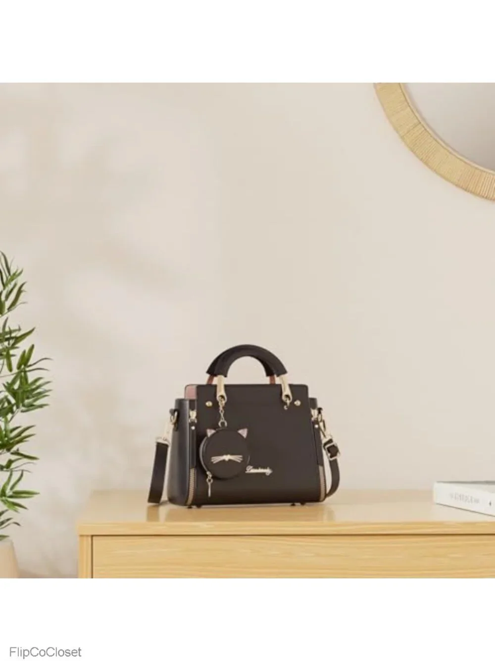 PU Leather Top Handle Satchel Crossbody Tote with Kitten Pendant